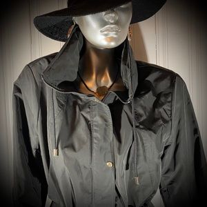 Nine West Mid Trench Black Coat Size XL Snap & Zip Front Hidden hood Great Fit!